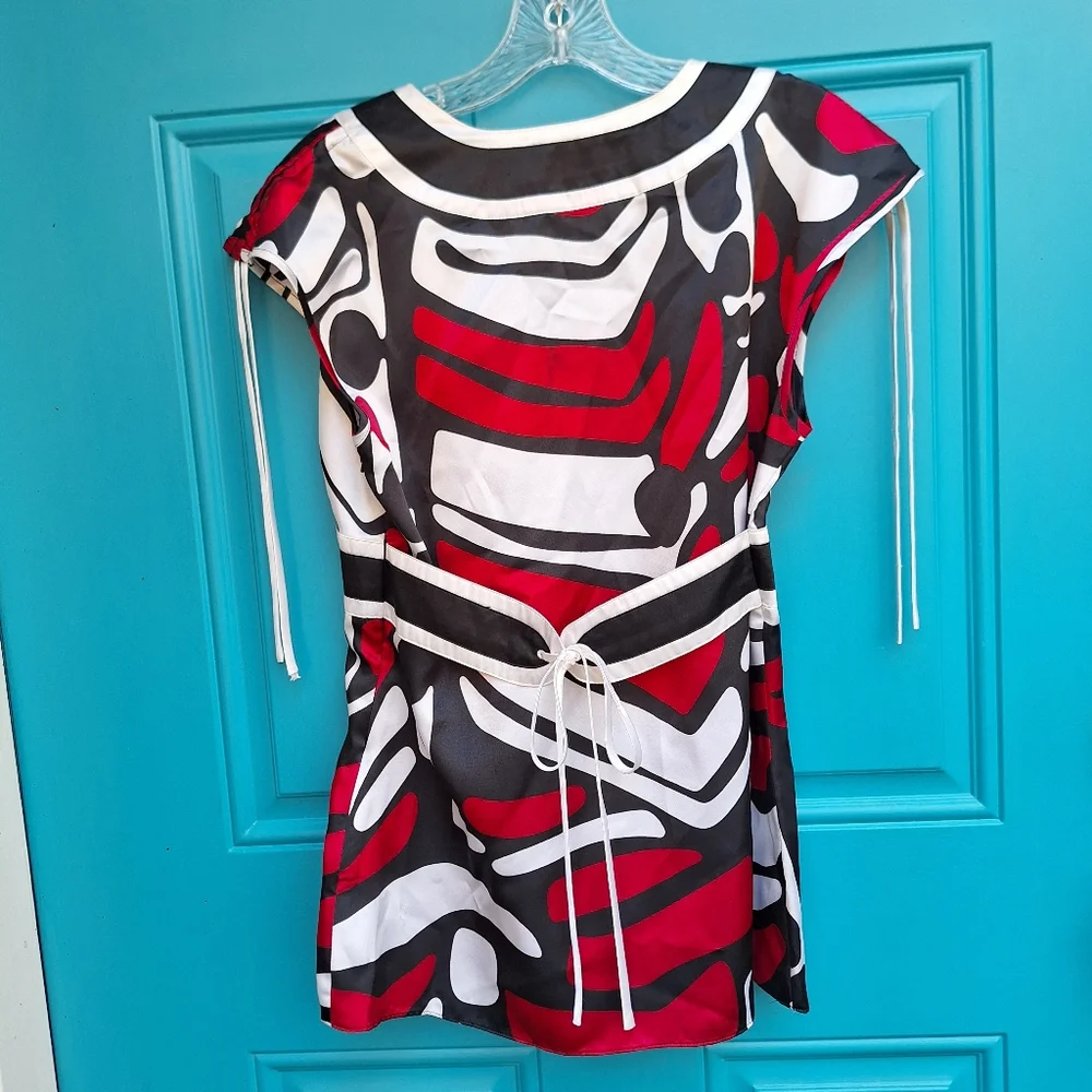 Vintage Satin Top Blouse Festival Shirt Bold Print Tie Back Empire Waist Y2k 90s - Picture 8 of 17
